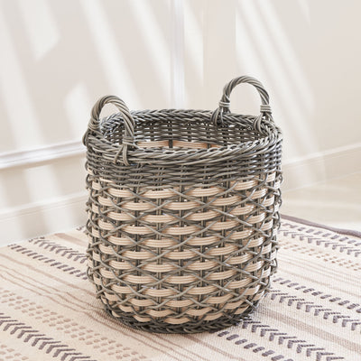 Round Resin Woven Wicker Multi Use Storage Basket With Handles - Cream / Gray