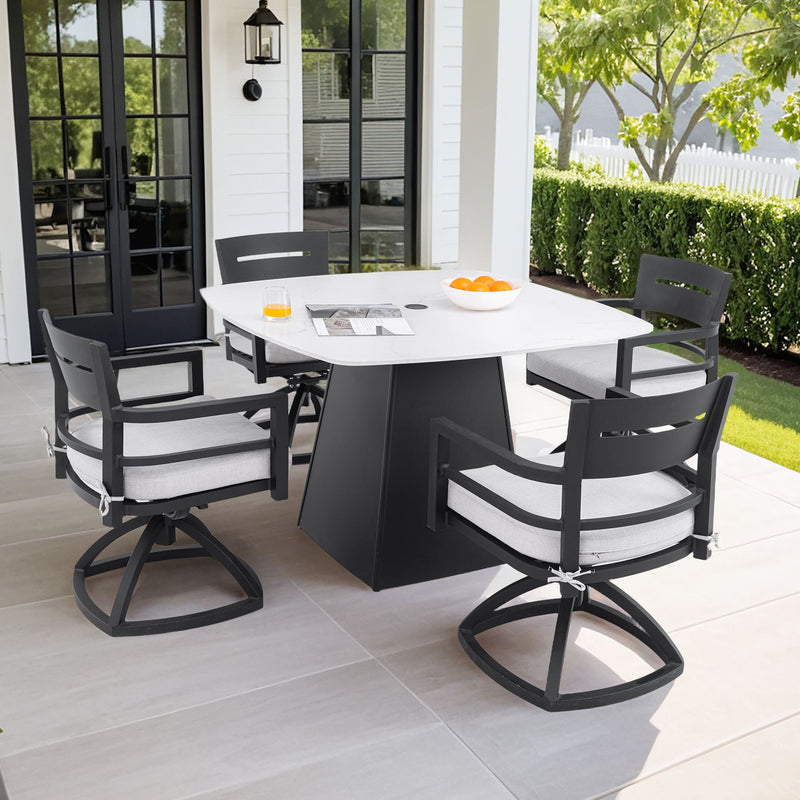 Outdoor Patio Dining Set, Squircle Dining Table, Dining Chairs With Sunbrella Cushions