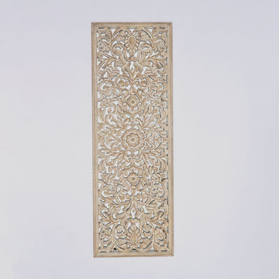 Floral Hand Carved Mandala Rectangle Wall Decor With Mirror - Antique Brown / White