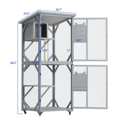 Large Cat House Outdoor Catio Cat Enclosures On Wheels, Kitty House With Upgraded Resting Box Waterproof Roof - Gray