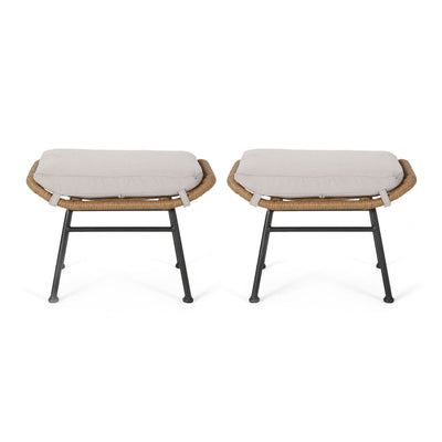 Outdoor Modern Boho Wicker Ottoman With Cushions (Set of 2)