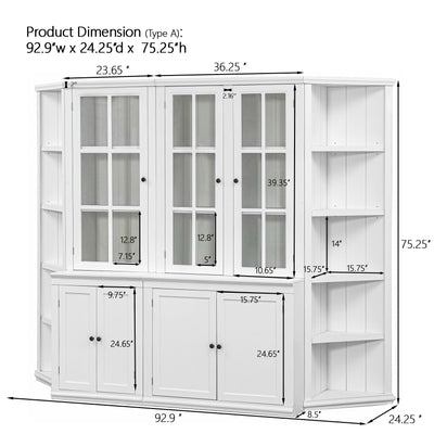 Retro Style Wall Suit With Glass Doors, 75.25" Tall Display Cabinets & Triangle Sided Bookshelves - White