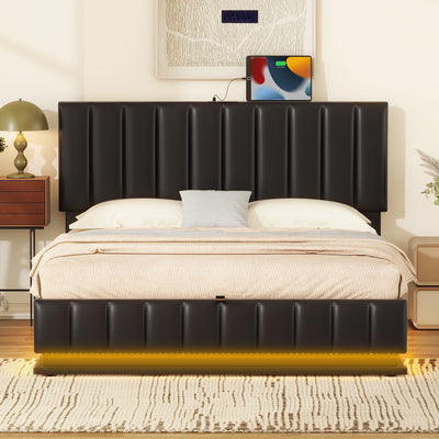 Upholstered Bed With Hydraulic Storage System And LED Light, With Sockets And USB Ports
