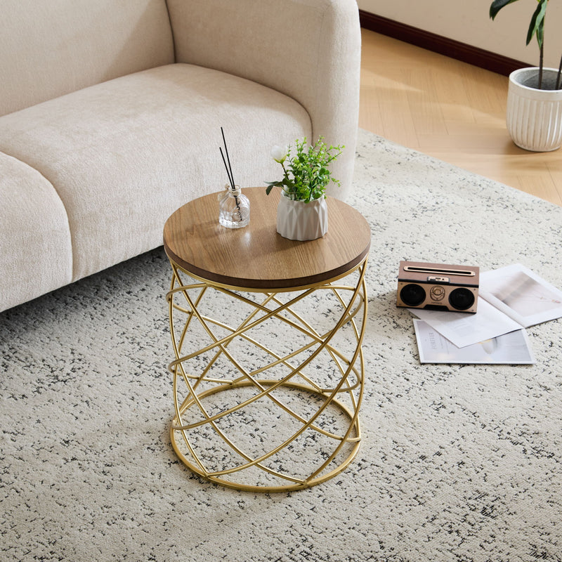 Contemporary Golden Side Table With Top And Metal Frame - Natural / Gold