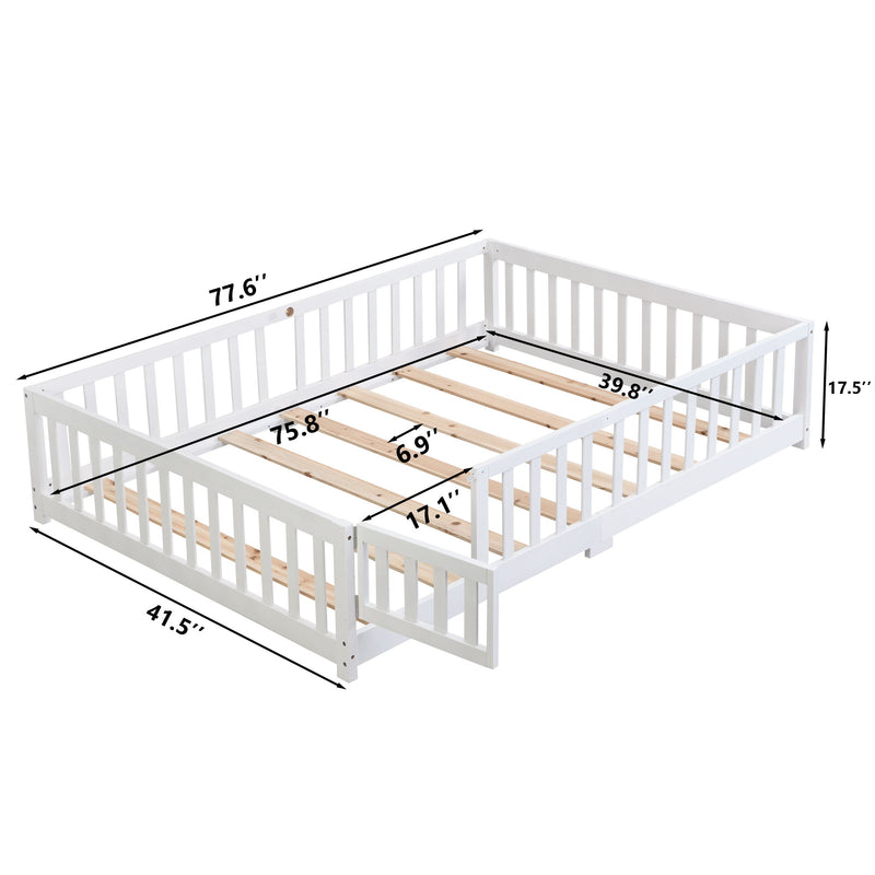 Solid Wood Floor Bed With Door And Fence For Children