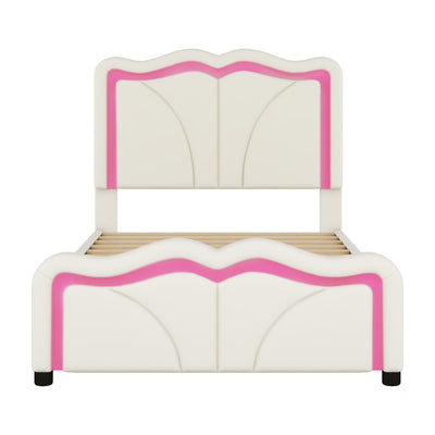 Upholstered Platform Bed & Curve Shaped And Height Adjustable Headboard, LED Light Strips