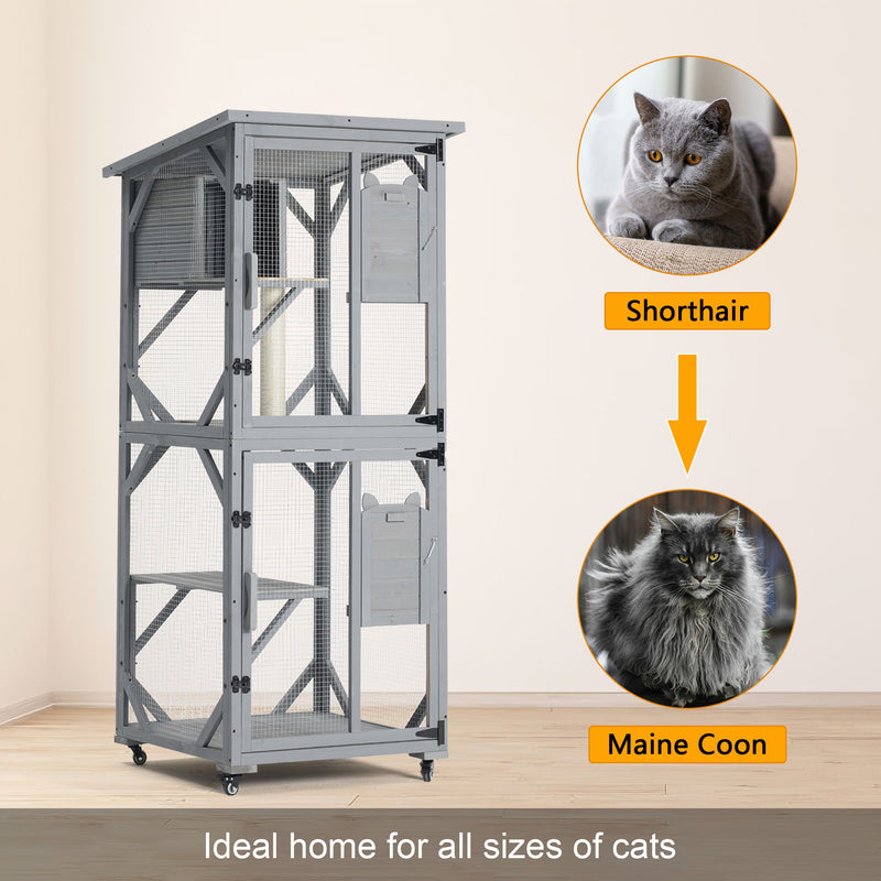 Large Cat House Outdoor Catio Cat Enclosures On Wheels, Kitty House With Upgraded Resting Box Waterproof Roof - Gray
