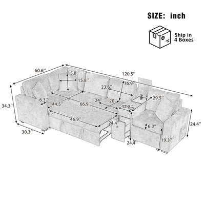 Contemporary L Shaped Convertible Sofa Bed With Pull Out Bed, Cup Holders, And Storage