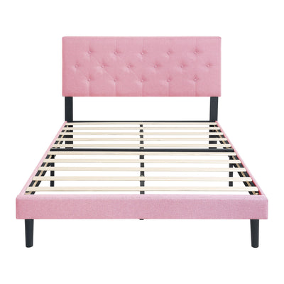 Modern Upholstered Platform Bed Frame With Button Tufted Linen Fabric Headboard