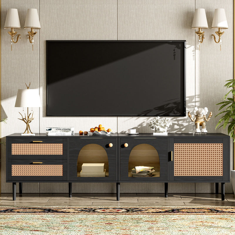 Rattan TV Stand With 3 Cabinets & 2 Drawers, Rattan-Inspired Media Console Table For Tvs Up To 80&
