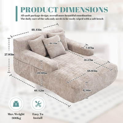 Chenille Interior Lazy Sofa Chaise Longue Armchair With 3 Pillows And Armrests