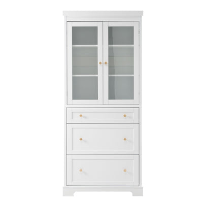 Freestanding Tall Bathroom Cabinet With Adjustable Shelves, Drawers, Soft Close Glass Doors