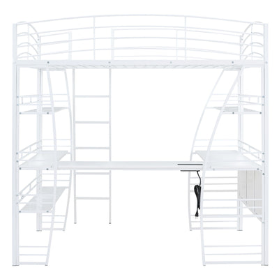 Loft Bed With 4 Layers Of Shelves And L-Shaped Desk, Stylish Metal Frame Bed With A Set Of Sockets, USB Ports And And Wireless Charging