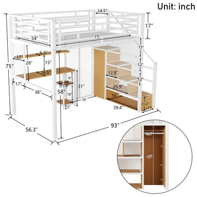 Metal Loft Bed With Wardrobe, Desk, Storage Shelves