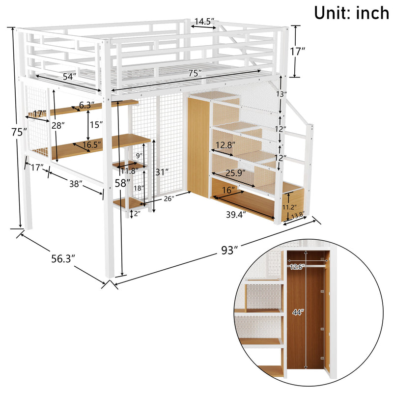 Metal Loft Bed With Wardrobe, Desk, Storage Shelves