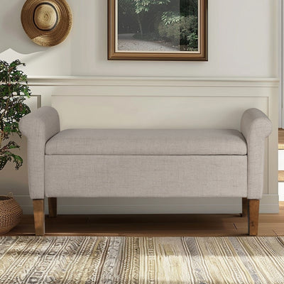 Upholstered Storage Bench With Rolled Armrests - Beige