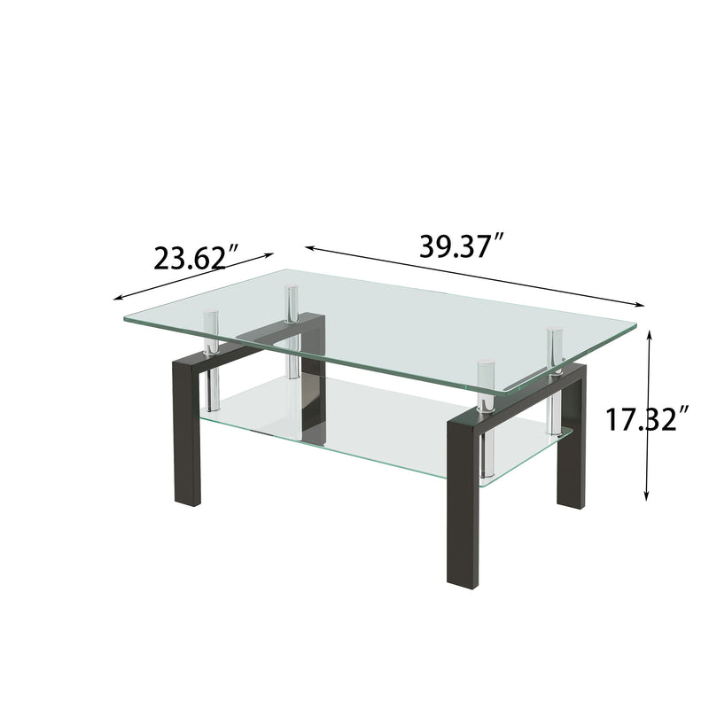 Tempered Clear Glass Coffee Table, 2-Layers Coffee Table Living Room Center Table - Black