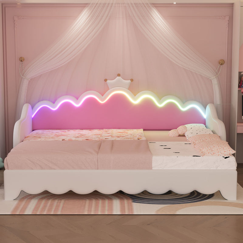 Extending Daybed With LED Lights, Modern Upholstered Princess Daybed With Crown Headboard