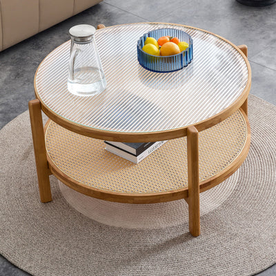 Modern Style Circular Double Layer Tea Table With Rattan Weave