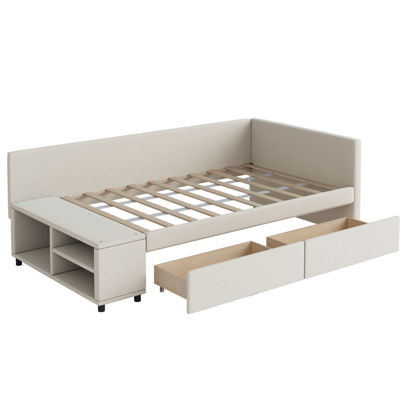 L Shaped Upholstered Platform Bed With Storage And Drawers