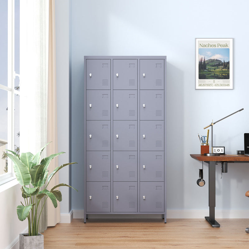 15 Door Lockers With Lock For Storage In Home, Gym, Office, And School - Gray