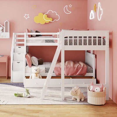 Solid L Shaped Bunk Bed With 3 Drawers, Ladder And Staircase