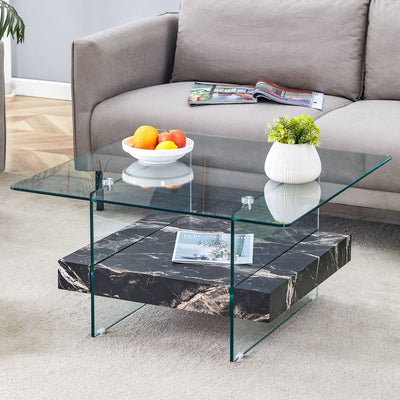 Modern 2 Tier Square Coffee Table, Elegant Marble Pattern