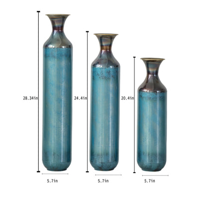 Modern Droplet Shaped Floor Vase Set, Glazed Metal Decorative Vases 3 Piece Home Decor - Aqua Blue