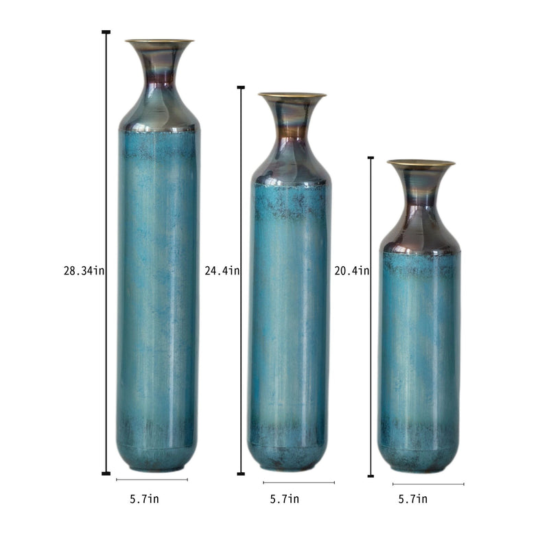 Modern Droplet Shaped Floor Vase Set, Glazed Metal Decorative Vases 3 Piece Home Decor - Aqua Blue