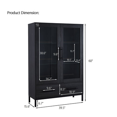 Modern Style Tall Display Cabinet With LED Lighting, Tempered Glass Door, 2 Drawers