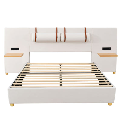 Upholstered Platform Bed, 2 Outlets And USB Charging Ports On Both Sides, 2 Bedside Pillows, Storage Shelves