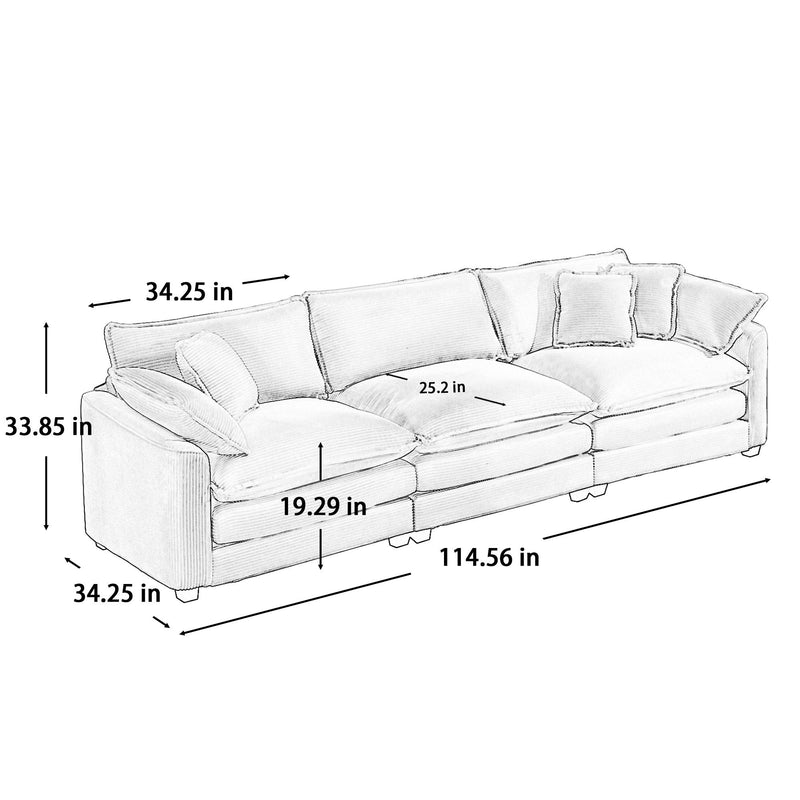 Mid-Century Modern 3 Seater Sectional Sofa With Arm And Throw Pillows