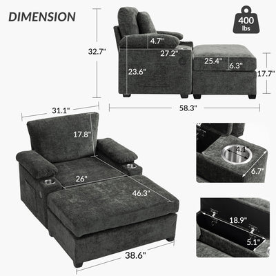 Modern Oversized Chair With Ottoman, Cupholders And USB Charging Ports