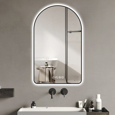 Modern Arched LED Bathroom Mirror With Time And Temperature Display, Anti Fog, Dimmable Light - Black
