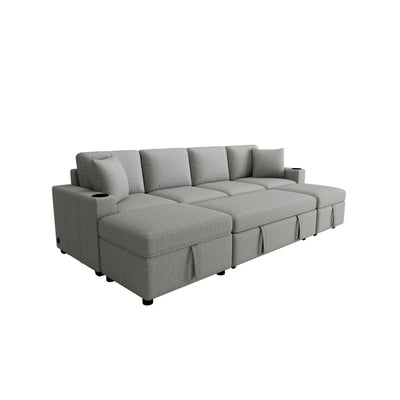 Sectional Sofa Convertible Pull-Out Bed With Storage Ottoman & USB Ports