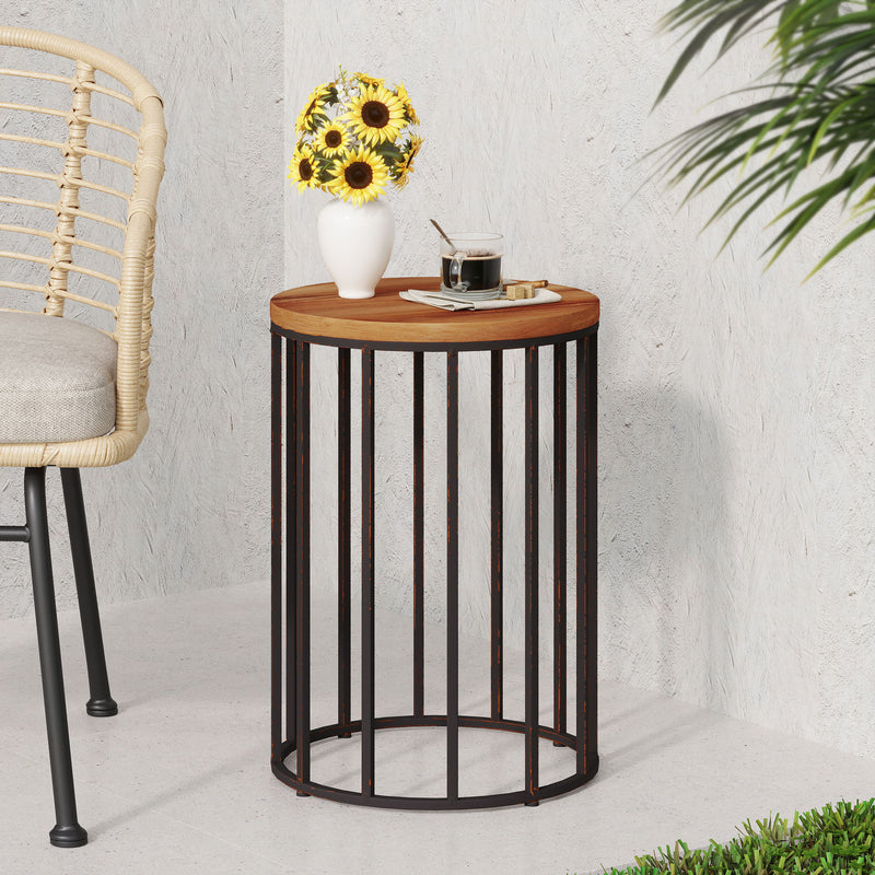 Outdoor Cylindrical Side Table With Round Solid Wood Top And Metal Frame - Natural