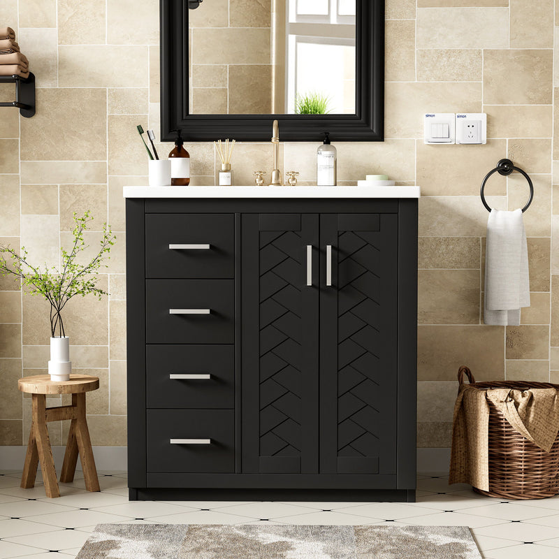 Ceramic Sink Combo, Freestanding Vanity Set With 3 Drawers & Soft Closing Doors