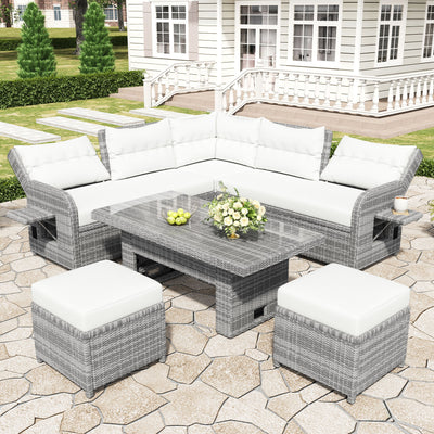 Outdoor Furniture Set Patio Rattan Furniture Set With Adjustable Table, Recliners With Extendable Side Tables And 2 Ottomans