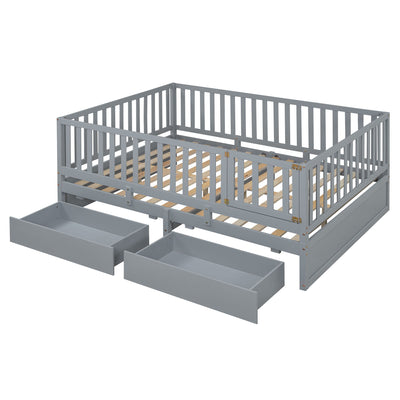 Daybed With Fence Guardrails And 2 Drawers, Split Into Independent Floor Bed & Daybed