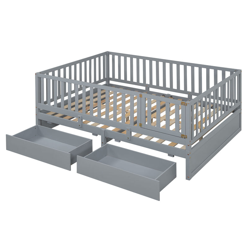 Daybed With Fence Guardrails And 2 Drawers, Split Into Independent Floor Bed & Daybed