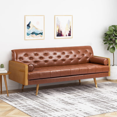 Adelaide - Mid Century Modern Tufted Sofa With Rolled Accent Pillows - Light Brown