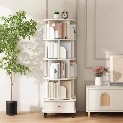 Rotating Bookshelf With Wheels And Drawer, 360° Spinning Design, Space Saving Storage