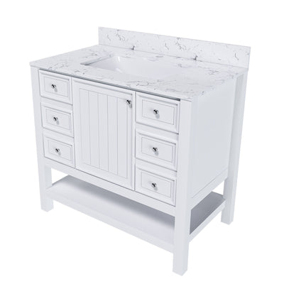 37" Bathroom Vanity, Multi Functional Cabinet With Doors And Drawers, Frame, Single Faucet Hole - White