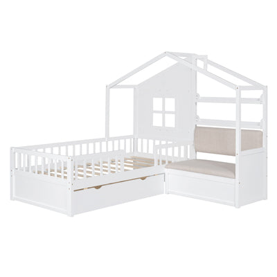 House Bed With Sofa, Kids Platform Bed With 2 Drawers And Storage Shelf