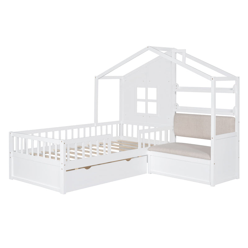 House Bed With Sofa, Kids Platform Bed With 2 Drawers And Storage Shelf