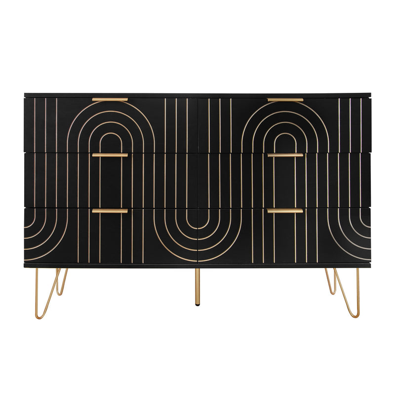 Modern 6 Drawer Dresser, Modern Dresser With Metal Handles, Storage Chest Of Drawer, Wide Dresser Drawer Organizers With Carving Design For Bedroom, Living Room, Hallway - Black