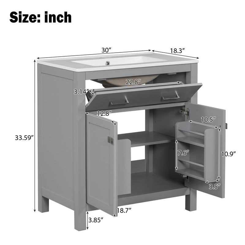 Bathroom Vanity With Ceramic Sink, Modern Single Bathroom Cabinet With 2 Doors And A Shelf, Soft Close Doors