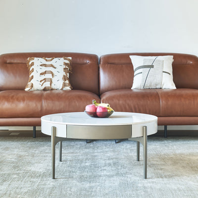 Modern Round Coffee Table With Storage Drawers Handcrafted Ceramic Inlay Tabletop 2 Tone Wood Legs Scandinavian Living Room Center Table - White / Gray