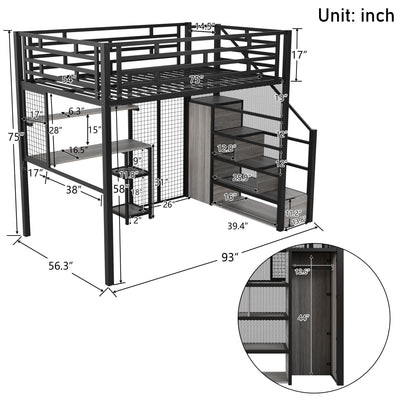 Metal Loft Bed With Wardrobe, Desk, Storage Shelves
