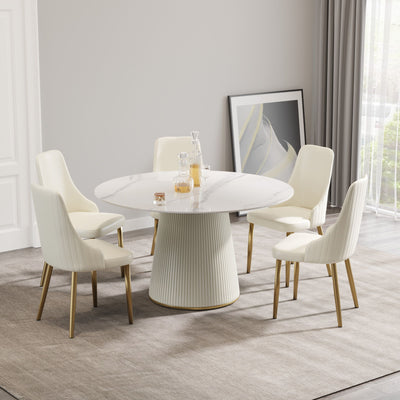 Modern Artificial Stone Round Plywood Base Dining Table, Can Accommodate 6 People, (Not Including Chairs) - White / Beige